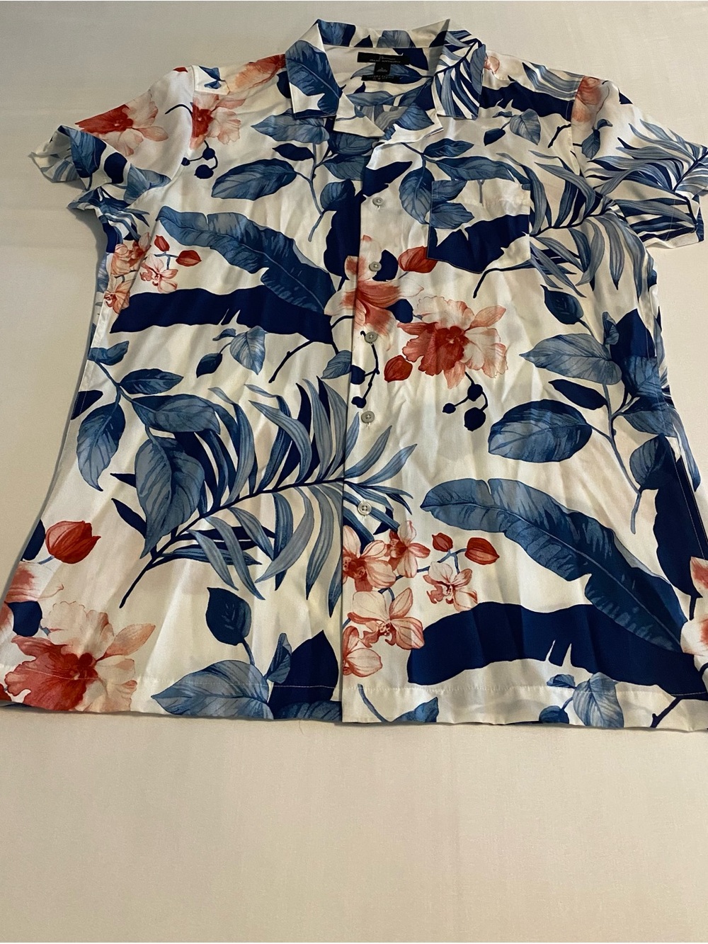 Marc Anthony White Button-Down Shirt with Blue and Coral Floral Print
